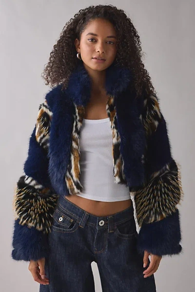 Azalea Wang Chiara Mixed Animal Print Faux Fur Jacket In Dark Blue, Women's At Urban Outfitters