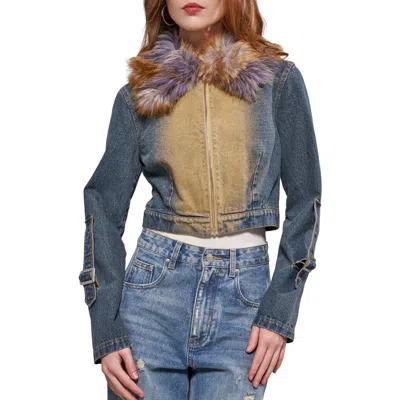 Azalea Wang Coralyn Denim Jacket With Faux Fur Collar In Blue
