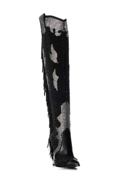 Azalea Wang Crewe Fringe Over The Knee Boot In Black