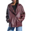 Azalea Wang Crystal Studded Oversize Faux Leather Moto Jacket In Burgundy