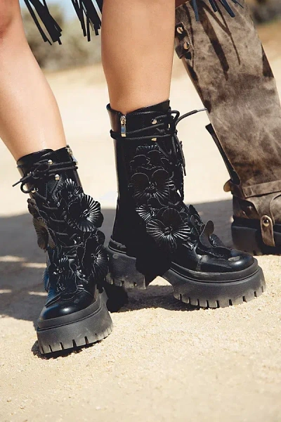 Azalea Wang Devoir 3d Flower Combat Bootie In Black, Women's At Urban Outfitters