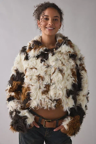 Azalea Wang Enora Cropped Faux Fur Jacket In Cream, Women's At Urban Outfitters In Multi