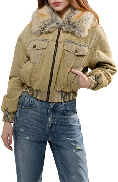 Azalea Wang Evra Faux Fur Collar Denim Bomber Jacket