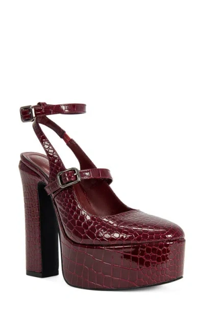 Azalea Wang Felicia Croc Embossed Platform Mary Jane Pump In Burgundy