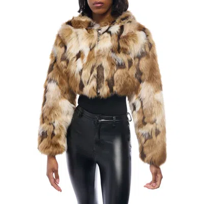 Azalea Wang Fennec Faux Fur Hooded Crop Jacket In Brown