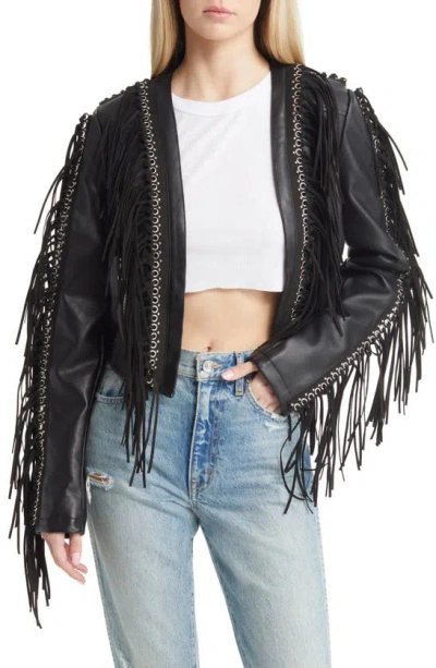 Azalea Wang Fringe & Rivet Detail Faux Leather Jacket In Black