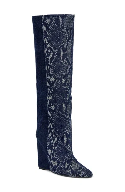 Azalea Wang Gianna Snake Print Wedge Knee High Boot In Blue