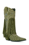 Azalea Wang Greyson Fringe & Stud Cowboy Boot In Olive
