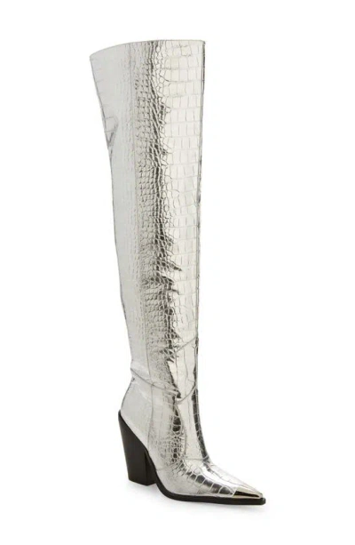 Azalea Wang Grissel Croc Embossed Water Resistant Western Boot In Silver