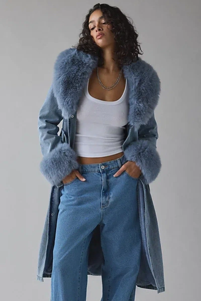 Azalea Wang Kaya Faux Fur Trim Denim Trench Coat Jacket In Light Blue, Women's At Urban Outfitters