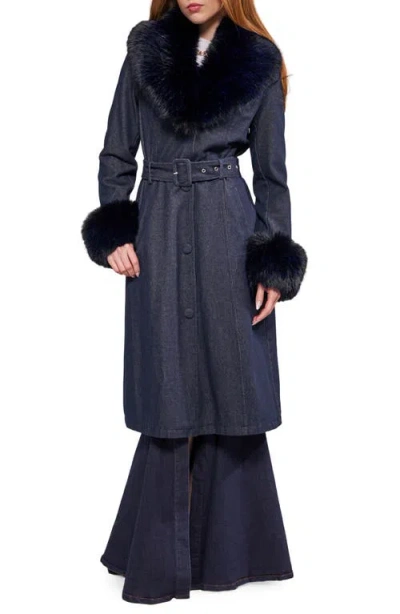 Azalea Wang Kaya Faux Leather Trench Coat With Faux Fur Trim In Dark Denim
