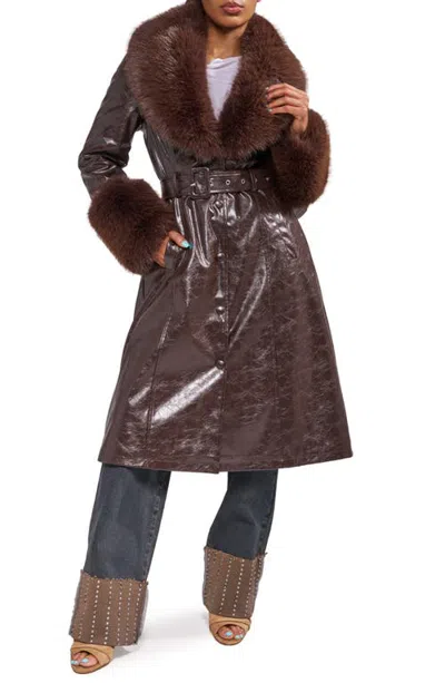 Azalea Wang Kaya Trench Coat With Faux Fur Trim In Espresso