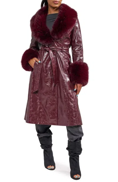 Azalea Wang Kaya Trench Coat With Faux Fur Trim In Merlot