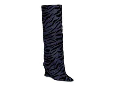 Azalea Wang Knee High Animal Print Wedge Boot In Blue