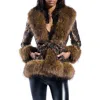 Azalea Wang Kenzy Belted Jacquard & Faux Fur Coat In Brown