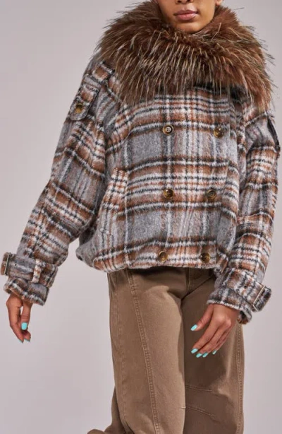 Azalea Wang Linnea Plaid Bomber Jacket With Faux Fur Trim In Brown