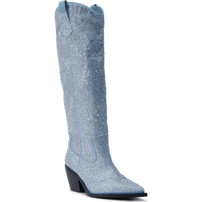 Azalea Wang Louella Rhinestone Deim Tall Cowboy Boot In Blue