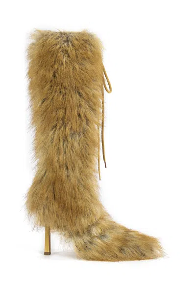 Azalea Wang Lourdanne Tan Faux Fur Redfox Stiletto Boots In Multi