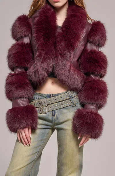 Azalea Wang Loverboy Faux Leather Moto Jacket With Faux Fur Trim In Burgundy
