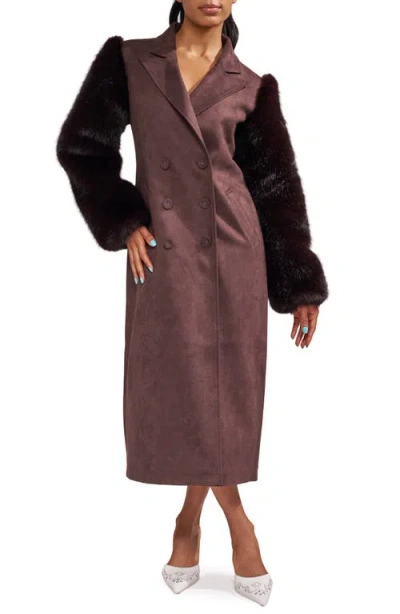 Azalea Wang Lurielle Faux Fur Sleeve Faux Suede Trench Coat In Multi