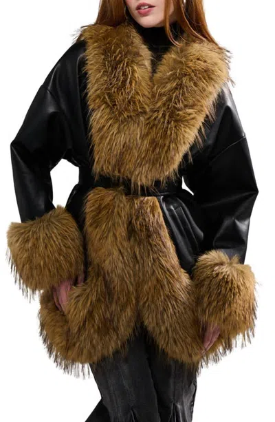 Azalea Wang Maelle Faux Fur Trim Faux Leather Jacket In Black