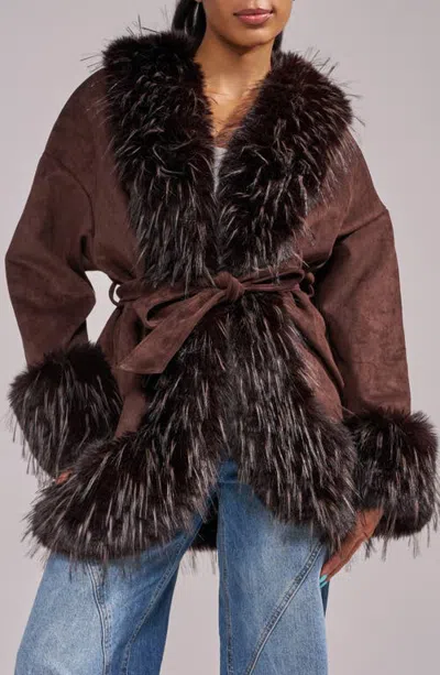 Azalea Wang Maelle Faux Fur Trim Faux Leather Jacket In Espresso