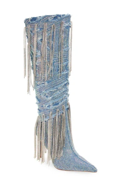 Azalea Wang Mischief 3 Fringe Pointed Toe Knee High Boot In Denim