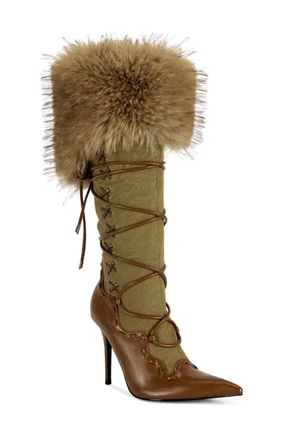 Azalea Wang Ohara Knee High Boot With Faux Fur Trim In Brown