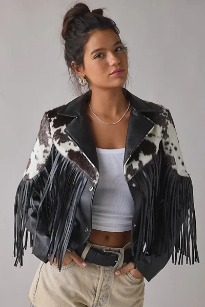 Azalea Wang Olandria Cow Print Faux Leather Fringe Jacket In Black, Women's At Urban Outfitters