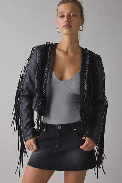 Azalea Wang Olivier Faux Leather Fringe Western Jacket In Black, Women's At Urban Outfitters