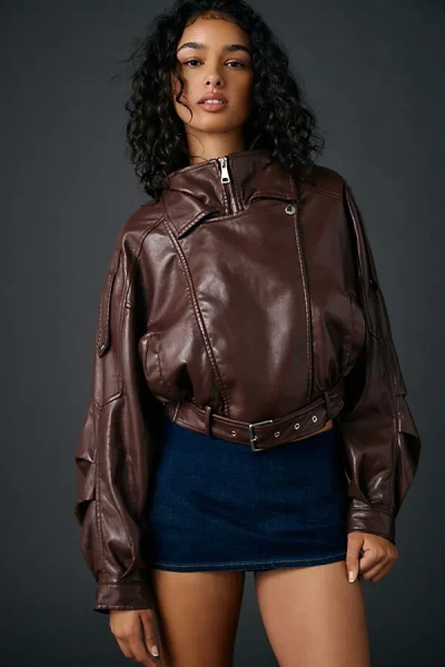 Azalea Wang Papoose Butter Faux Leather Oversized Moto Jacket In Red, Women's At Urban Outfitters In Brown