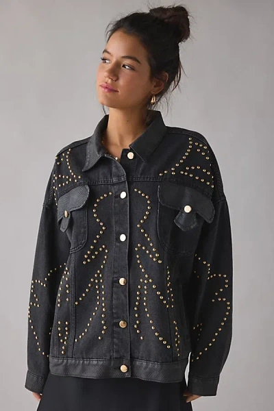 Azalea Wang Ricki Studded Faux Leather Trim Oversized Denim Jacket In Black, Women's At Urban Outfitters