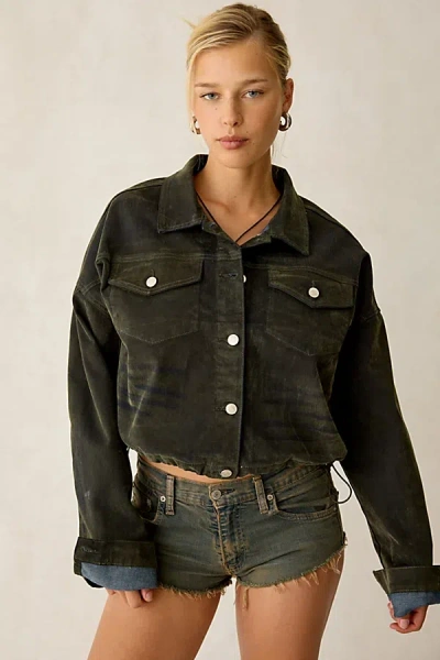 Azalea Wang Sampson Flocked Denim Jacket In Olive, Women's At Urban Outfitters In Green