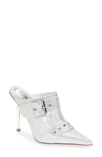 Azalea Wang Sayge Rhinestone Buckle Strap Mule Pump In Silver