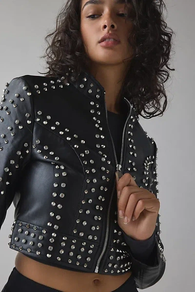 Azalea Wang Silva Crystal Studded Faux Leather Moto Jacket In Black, Women's At Urban Outfitters