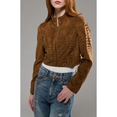 Azalea Wang Silza Studded Faux Suede Moto Jacket In Brown