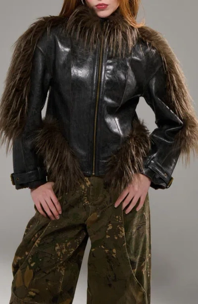Azalea Wang Tahlis Faux Fur Trim Faux Leather Moto Jacket In Animal Print