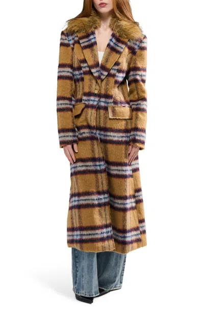 Azalea Wang Talora Faux Fur Collar Trench Coat In Tan Multi