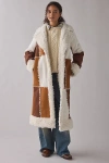 Azalea Wang Telluride Longline Patchwork Coat With Faux Fur Collar In Brown