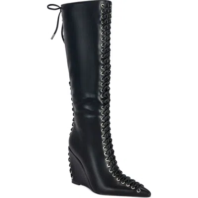Azalea Wang Thaumus Pointed Toe Knee High Wedge Boot In Black