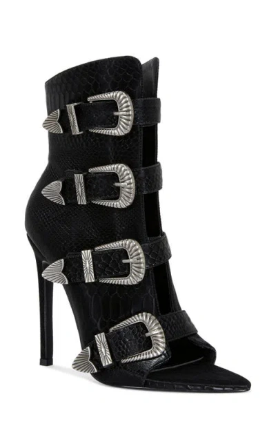 Azalea Wang Tjeerd Snakeskin Embossed Open Toe Bootie In Black
