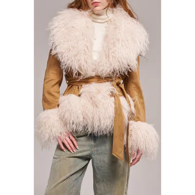 Azalea Wang Tori Faux Fur Trim Trench Coat In Camel