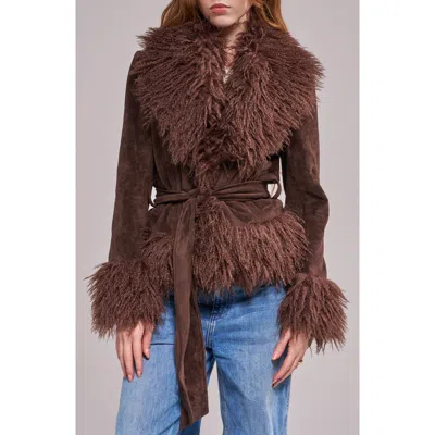Azalea Wang Tori Faux Fur Trim Trench Coat In Chocolate