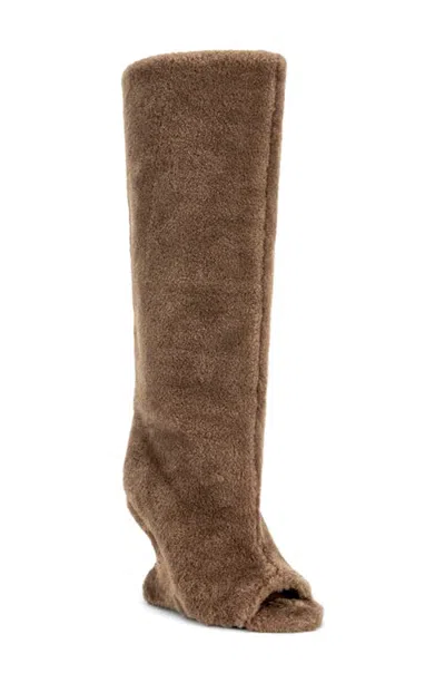 Azalea Wang Vincent Faux Fur Peep Toe Wedge Boot In Brown