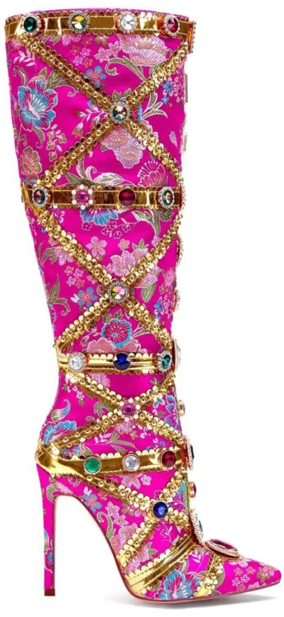 AZALEA WANG WOMEN'S FLORAL SATIN BROCADE STILETTO BOOTS IN PINK