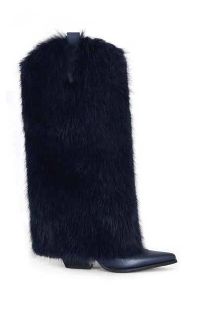 Azalea Wang Women's Friata Navy Faux Fur Western Boots In Blue