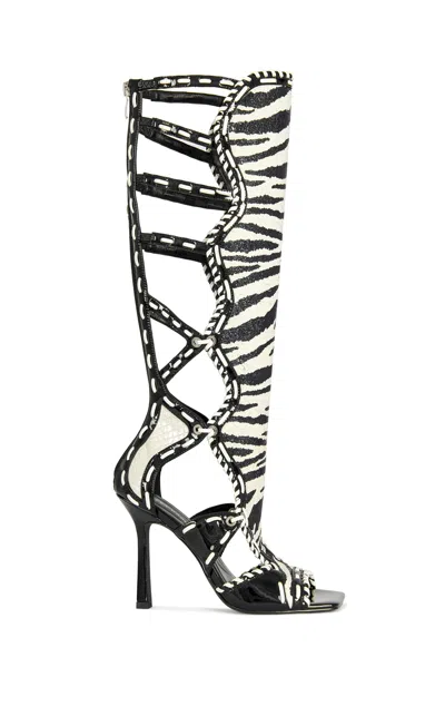 AZALEA WANG WOMEN'S INDRANIHIGH ZEBRA STILETTO SANDAL BOOTS IN WHITE/BLACK