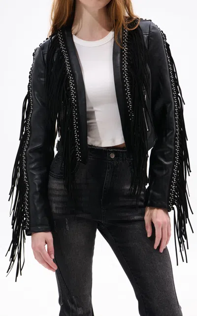 Azalea Wang Women's Olivier Black Faux Leather Fringe Western Jacket