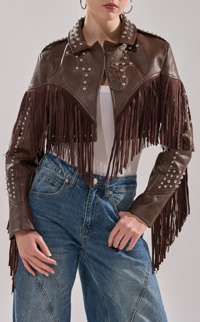 Azalea Wang Women's Reece Brown Western Fringe Faux Leather Jacket
