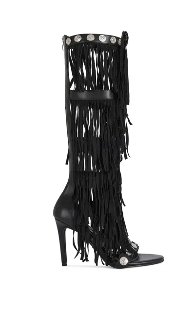 Azalea Wang Women's Sameya Black Fringe Faux Leather Gladiator Sandal Boots